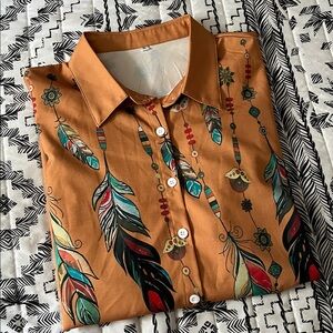 Beautiful Mustard Yellow Feather Print Longsleeve Blouse Size XL